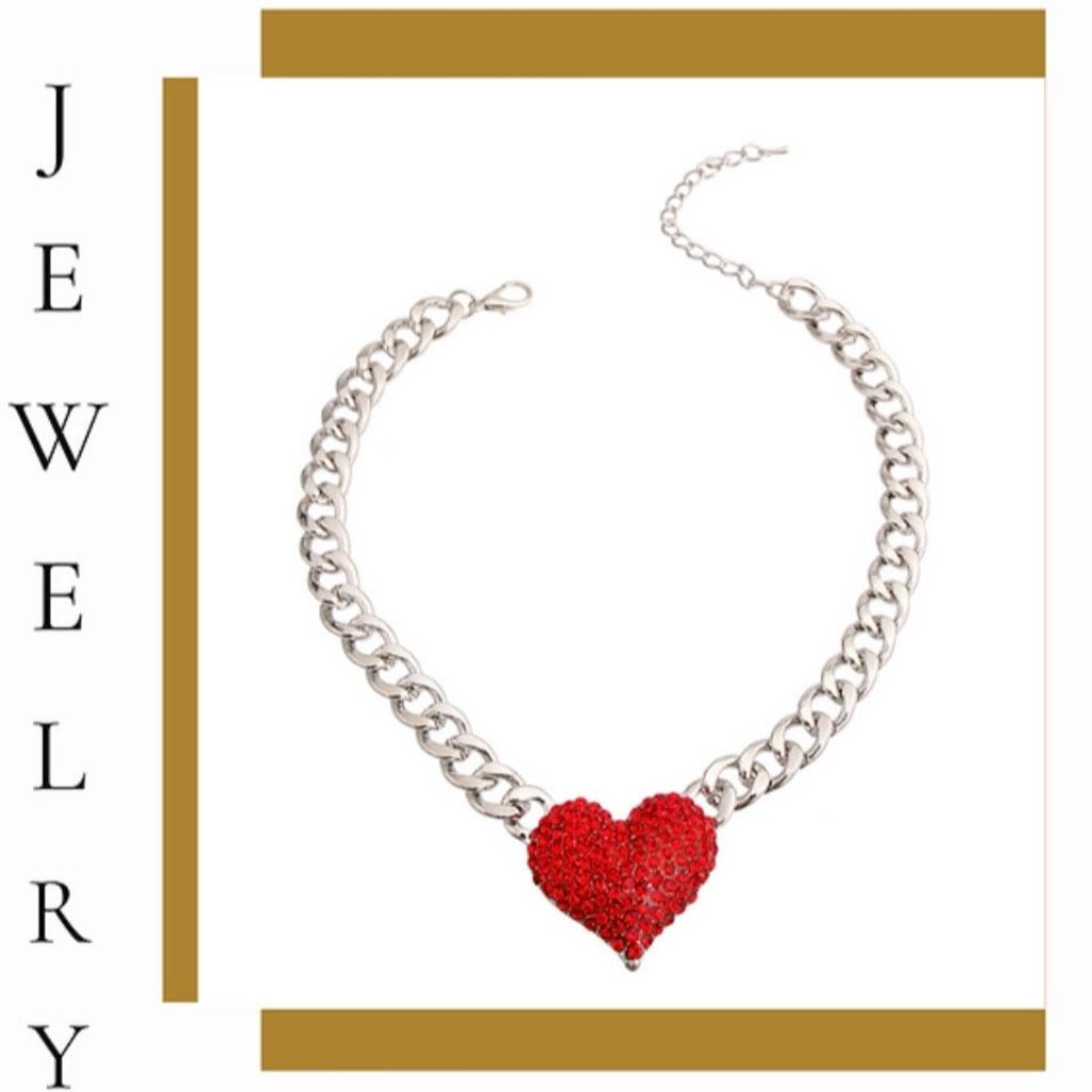 Red Rhinestone Heart Silver Necklace